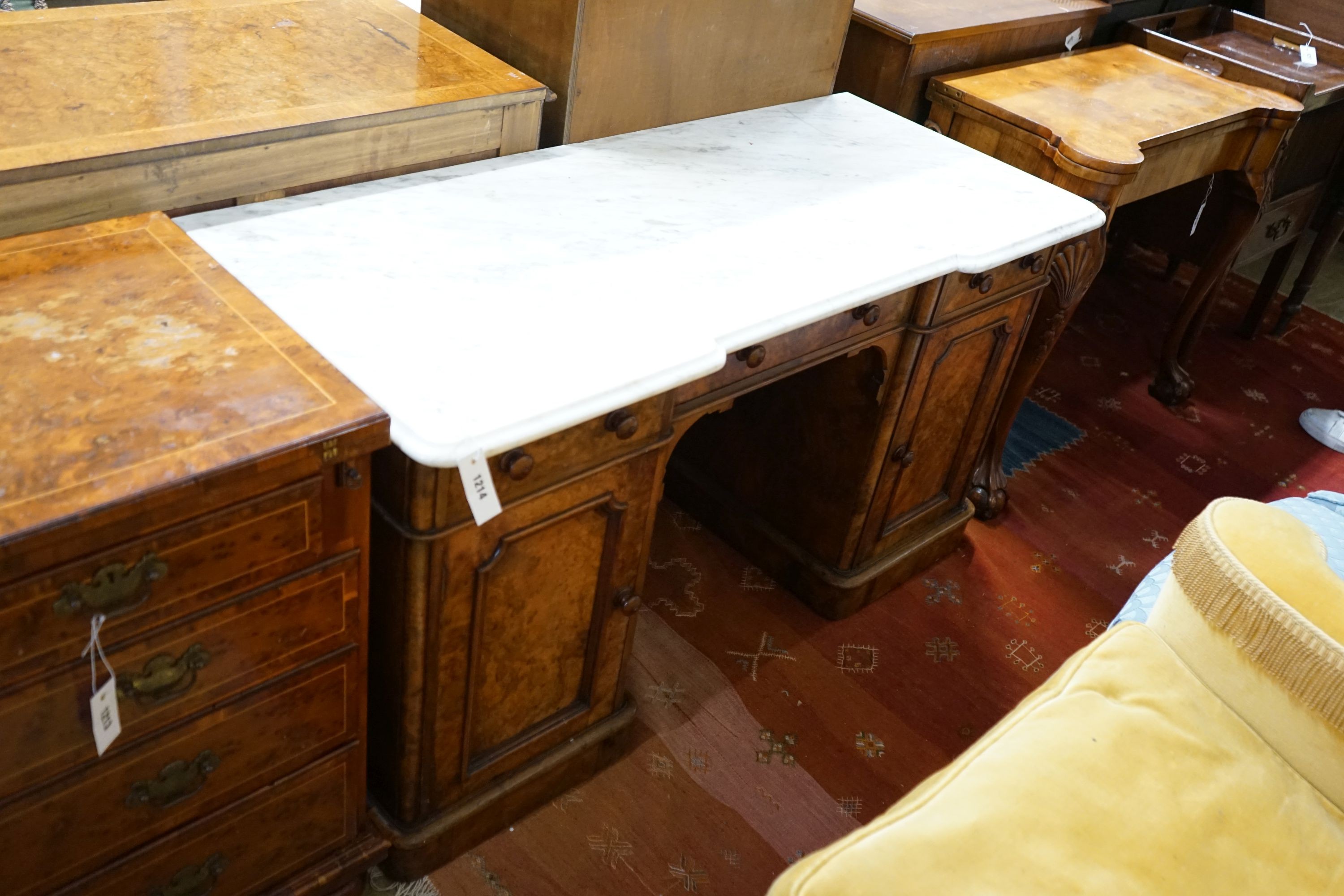 A Victorian burr walnut marble topped wash stand, width 29cm, depth 56cm, height 71cm